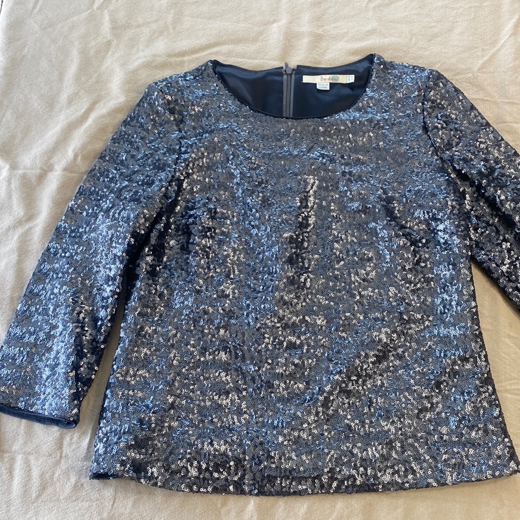 Boden Gray Blue Sequin Blouse Size 8 3/4 Sleeve Ec